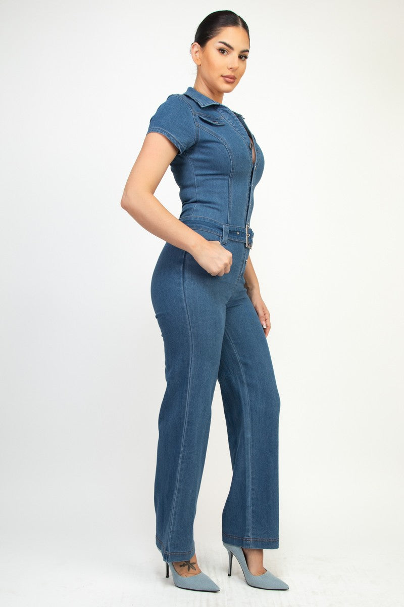 Denim Skinny Belted Buttoned Jumpsuit