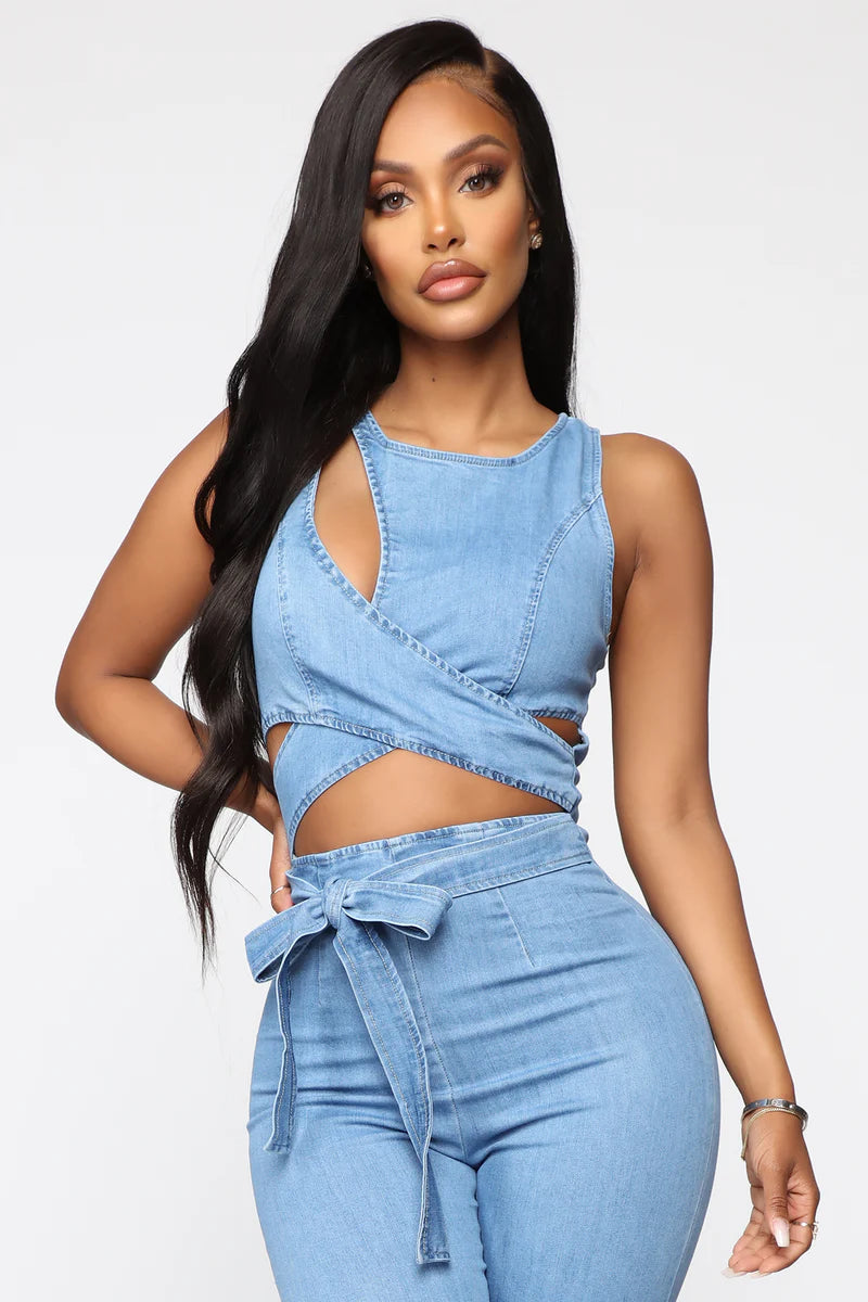 CUT OUT THE HATERS DENIM JUMPSUIT FASHION NOVA