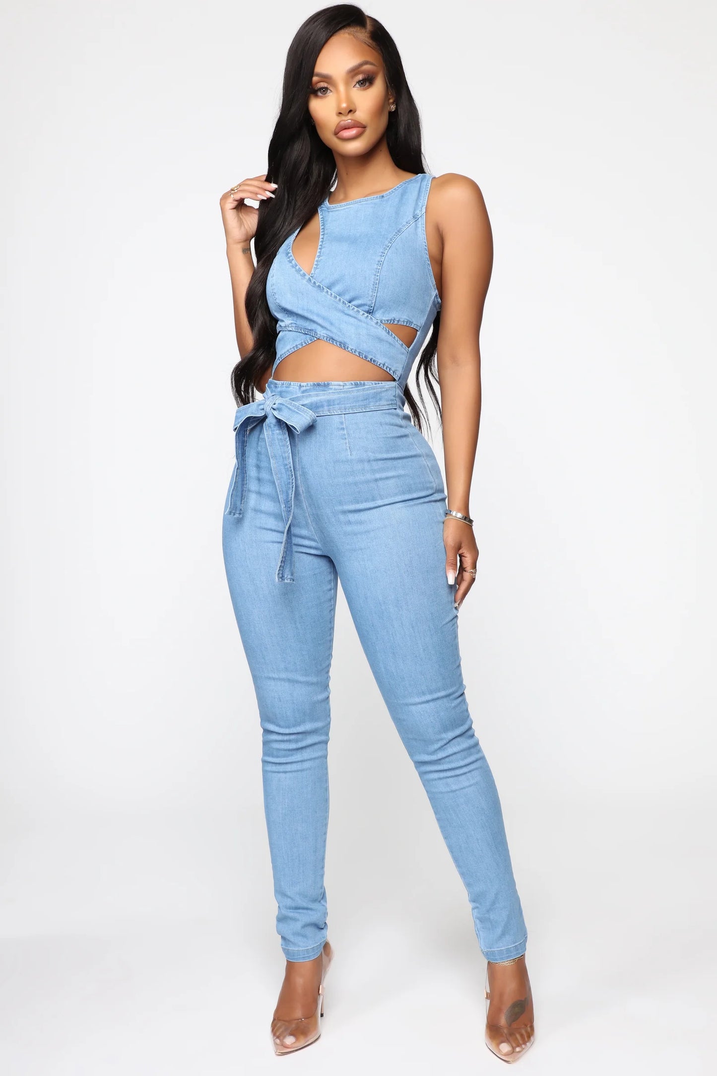 CUT OUT THE HATERS DENIM JUMPSUIT FASHION NOVA