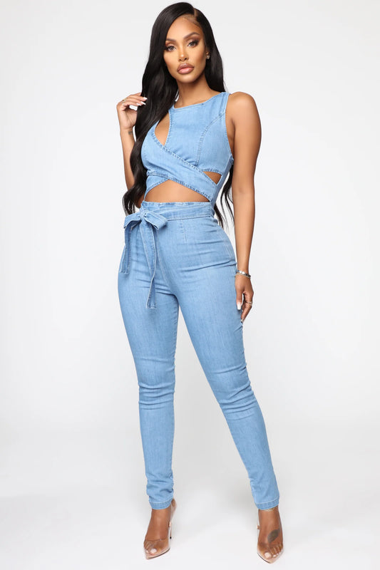 CUT OUT THE HATERS DENIM JUMPSUIT FASHION NOVA