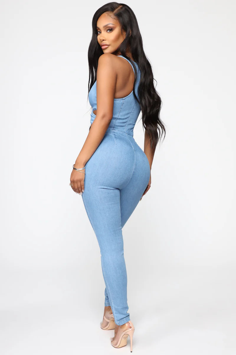 CUT OUT THE HATERS DENIM JUMPSUIT FASHION NOVA