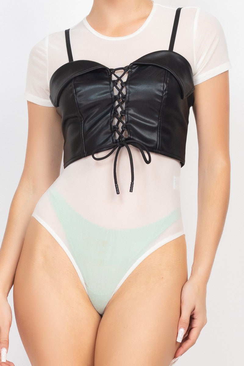 Faux Leather Corset -Bodysuit