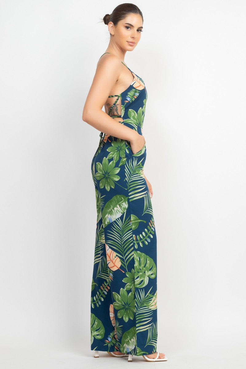 Crisscross Wide Leg Tropical Jumpsuit