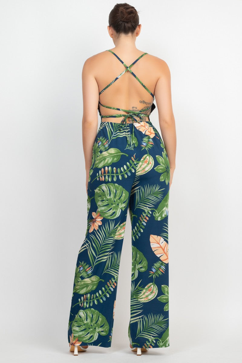 Crisscross Wide Leg Tropical Jumpsuit