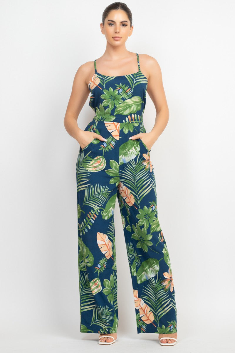 Crisscross Wide Leg Tropical Jumpsuit