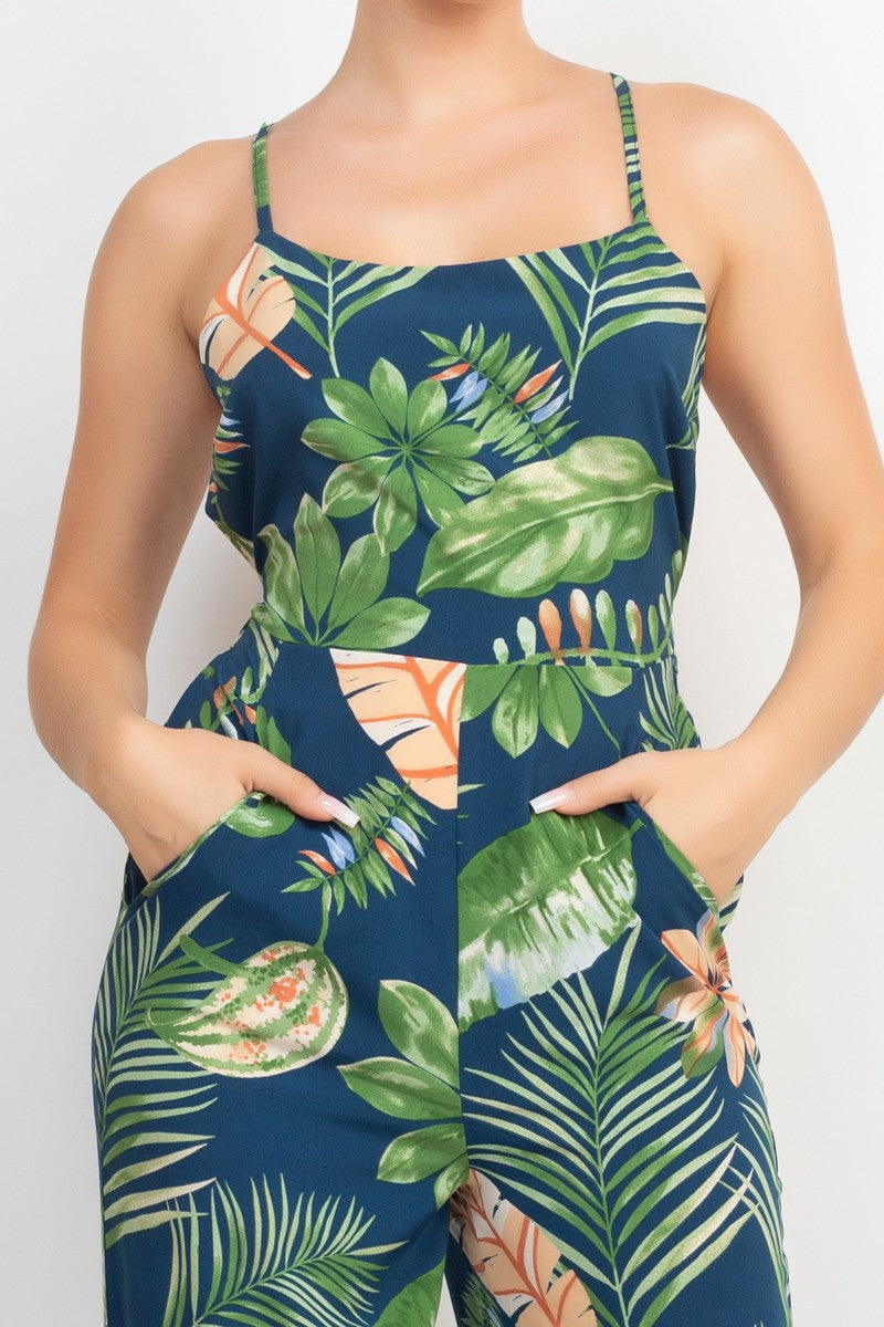 Crisscross Wide Leg Tropical Jumpsuit