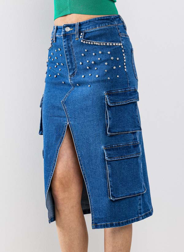 PEARL TRIMMED DENIM SKIRT