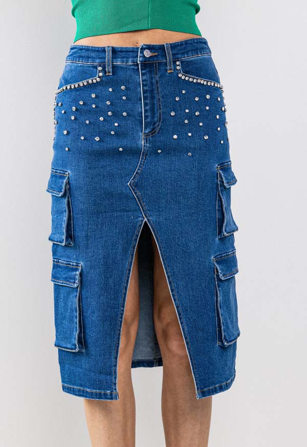 PEARL TRIMMED DENIM SKIRT