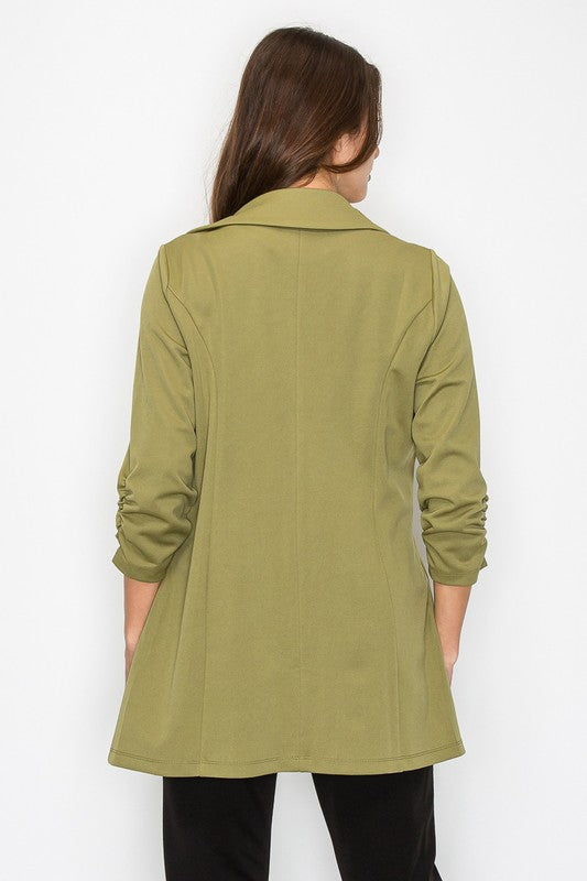 Open shirred quarter sleeve jacket