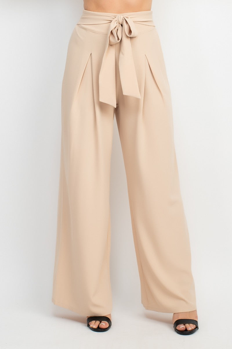 Solid Waist Tie Palazzo Pants