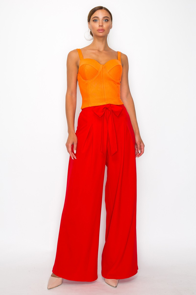 Solid Waist Tie Palazzo Pants