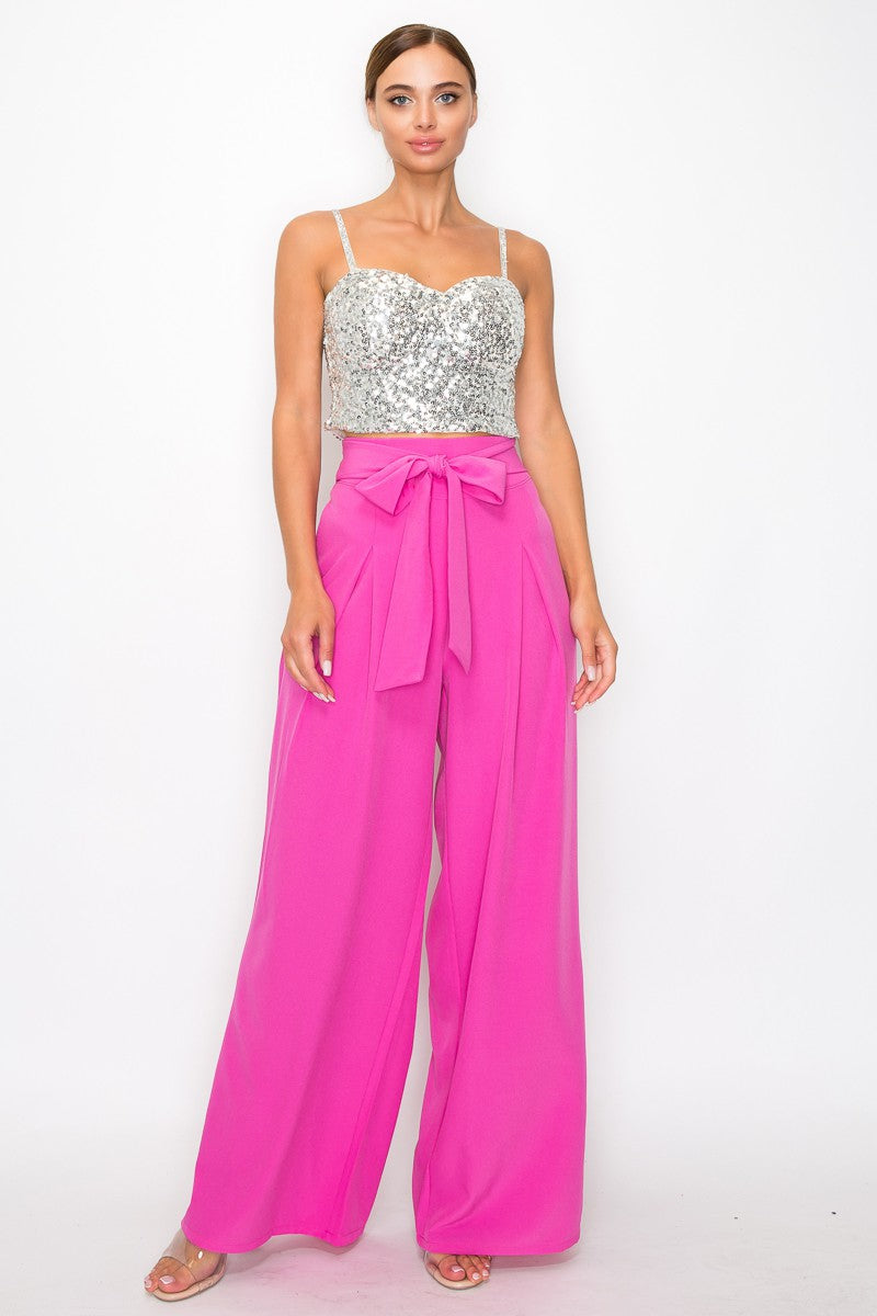 Solid Waist Tie Palazzo Pants