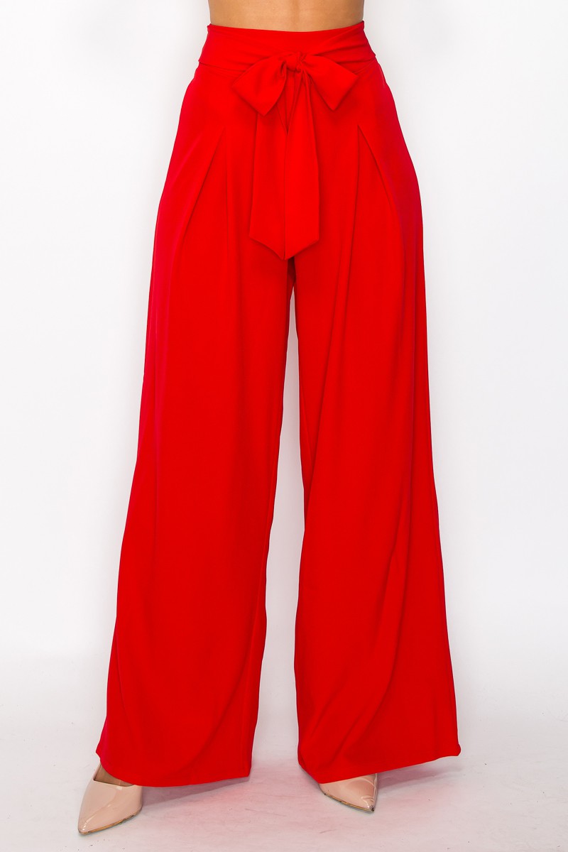 Solid Waist Tie Palazzo Pants