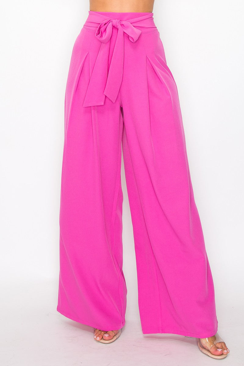 Solid Waist Tie Palazzo Pants