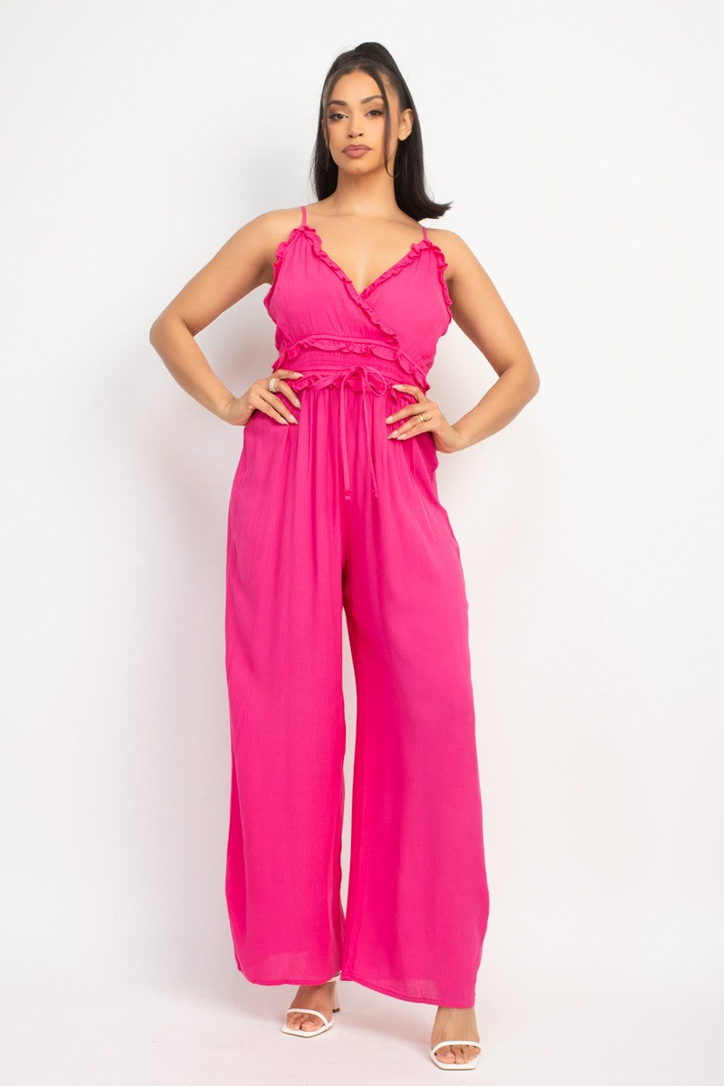 Ruffled V-Neck Wrap Jumpsuit