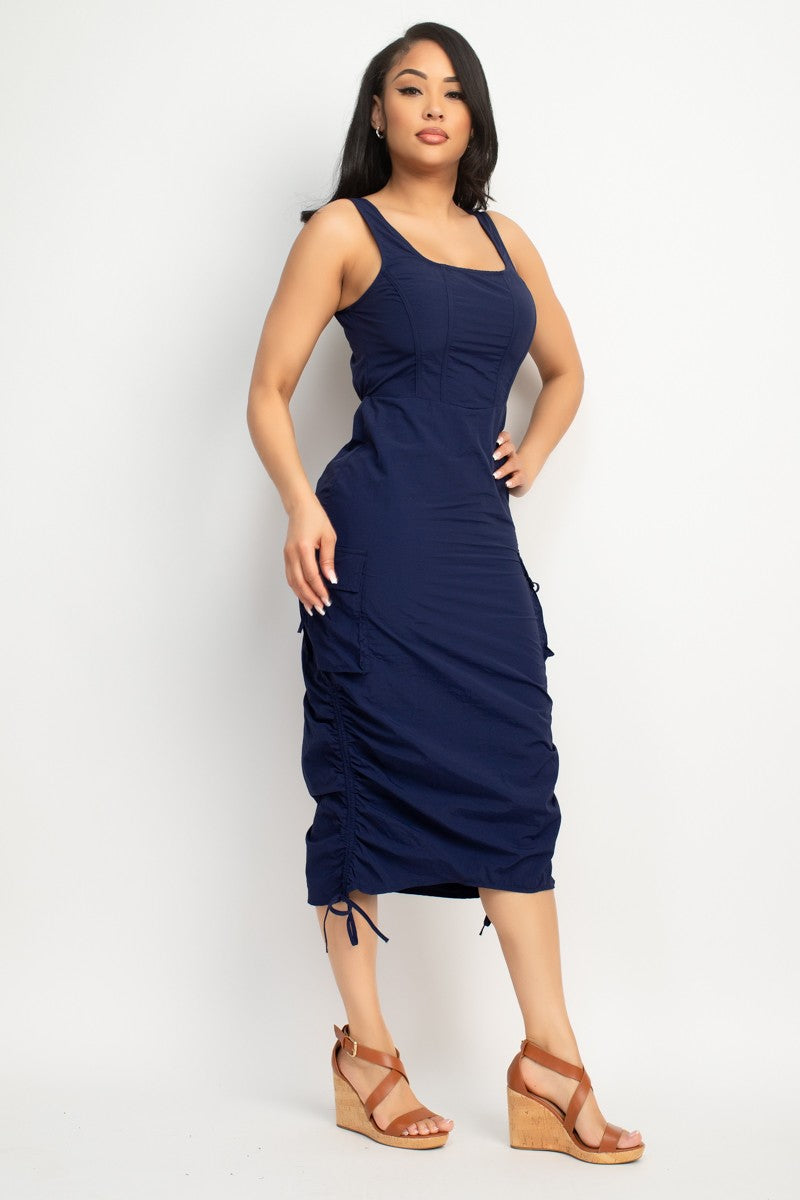 Ruched Zippered Cargo Midi Dress