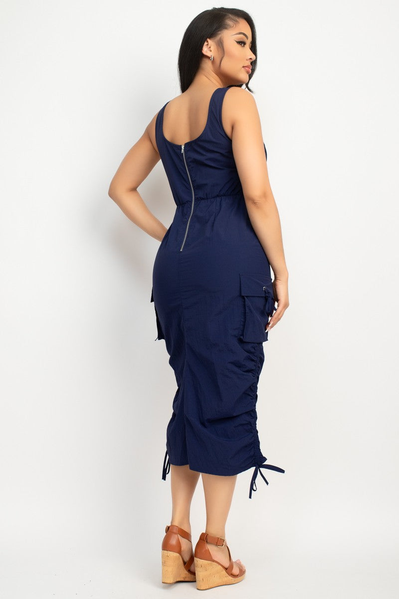 Ruched Zippered Cargo Midi Dress