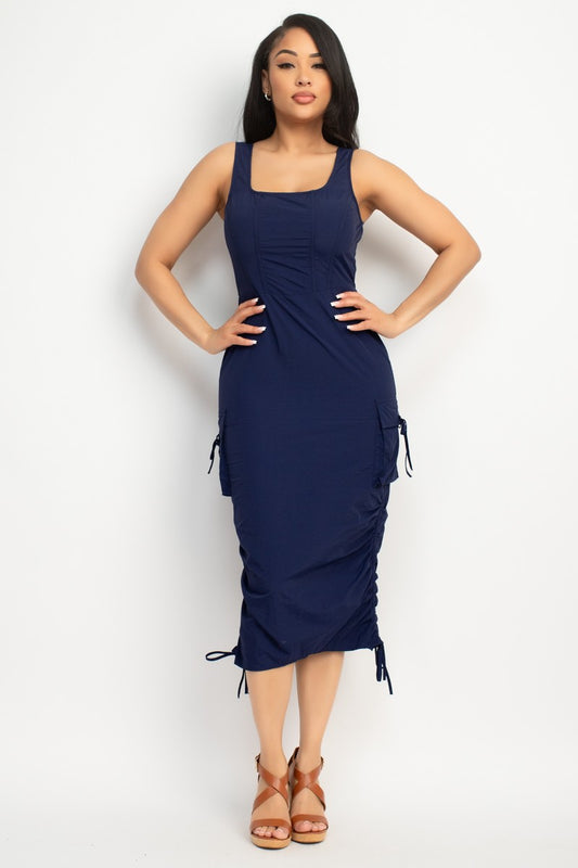 Ruched Zippered Cargo Midi Dress