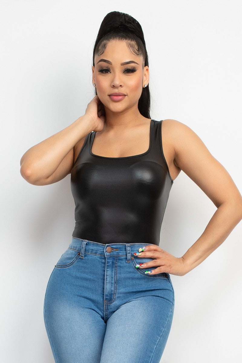 Faux Leather Square Tank Bodysuit