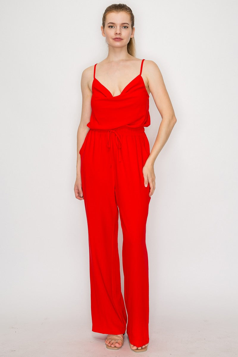 Elastic Waist Cowl Neck Jumpsuit