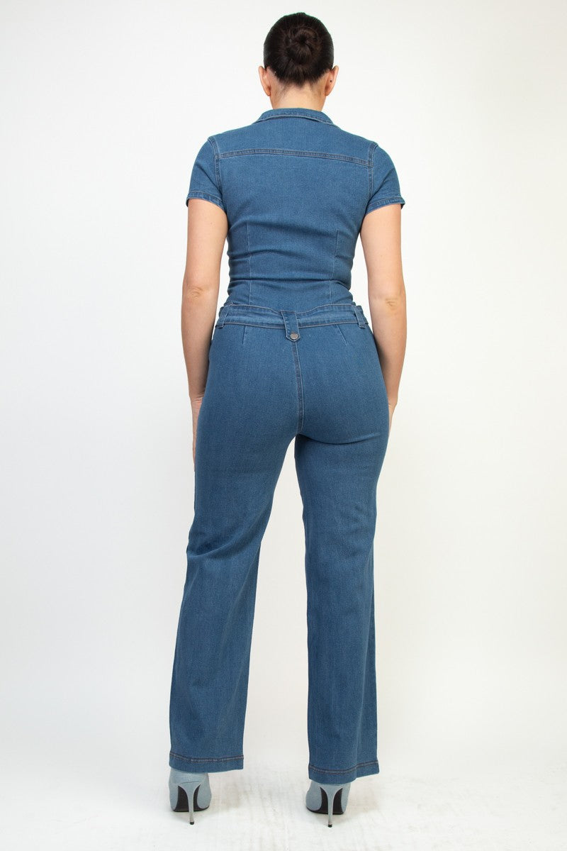 Denim Skinny Belted Buttoned Jumpsuit