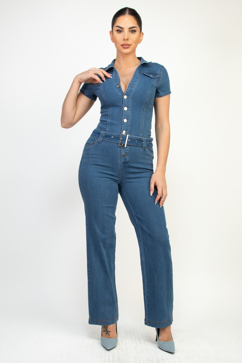 Denim Skinny Belted Buttoned Jumpsuit