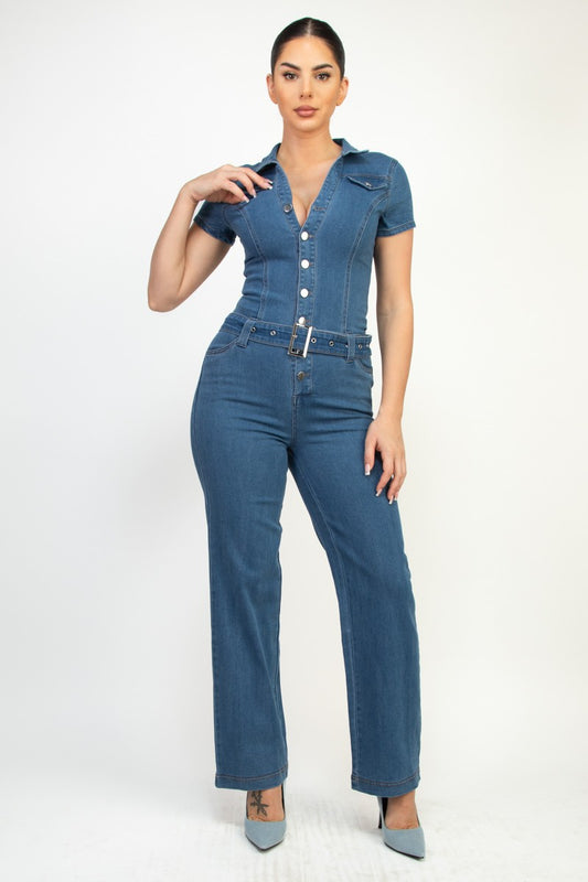 Denim Skinny Belted Buttoned Jumpsuit