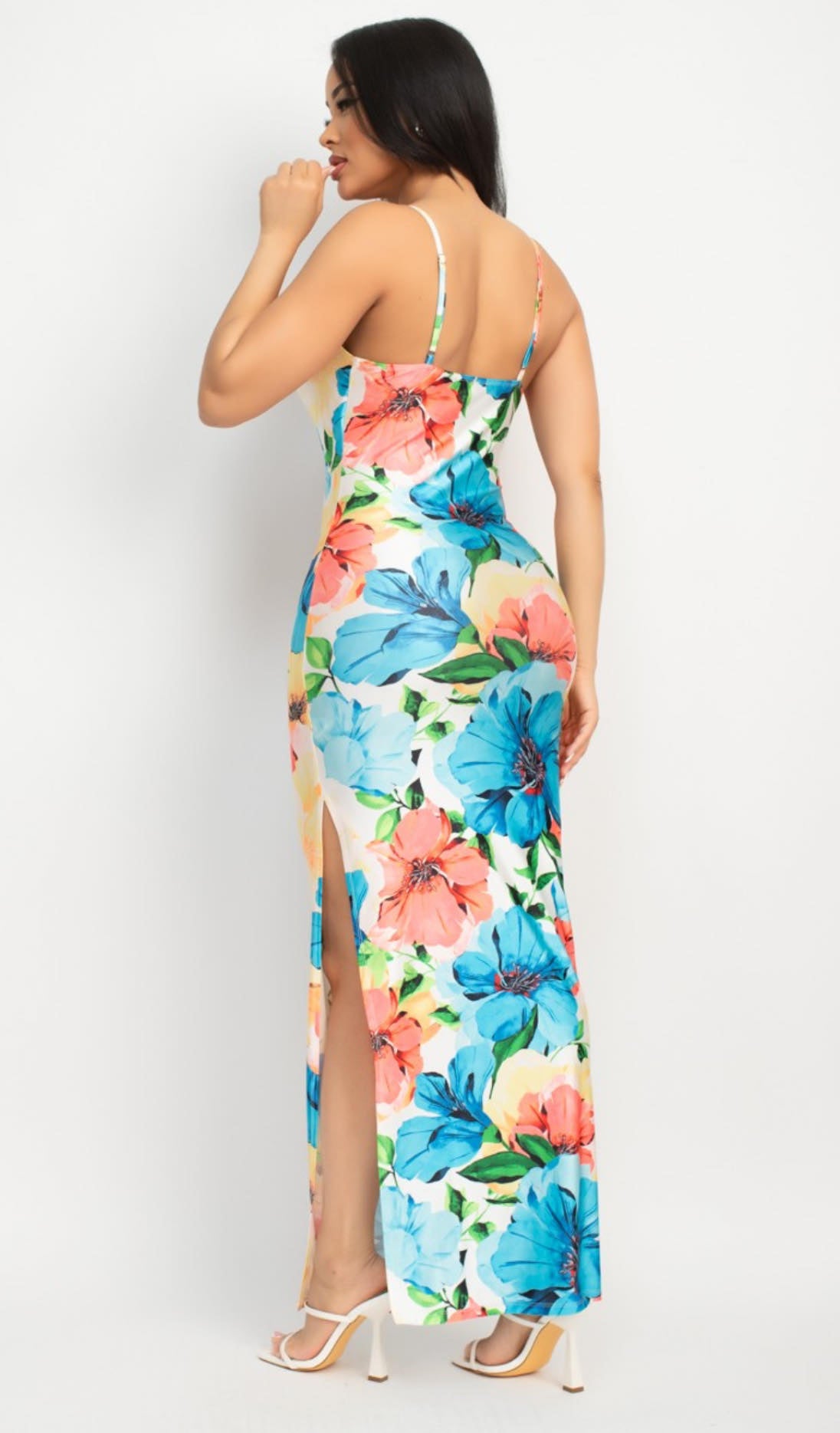 Cowl Neck Tropical Slit Dress