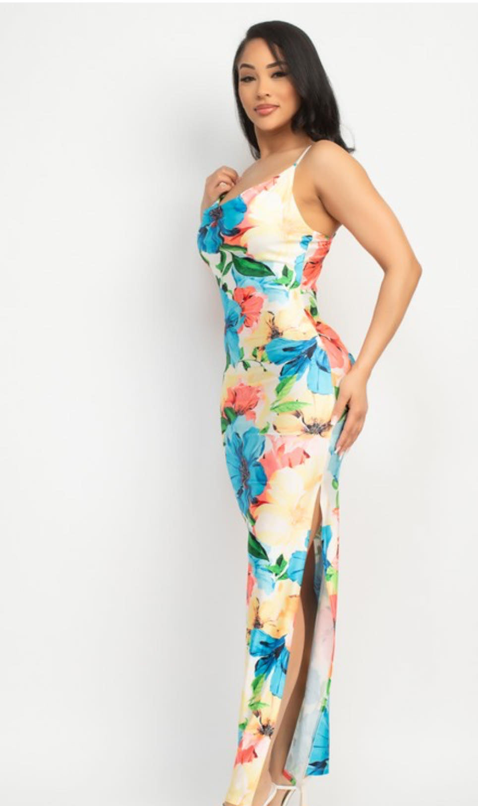 Cowl Neck Tropical Slit Dress