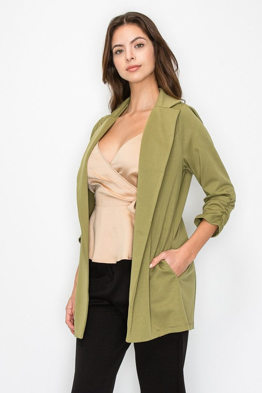 Open shirred quarter sleeve jacket